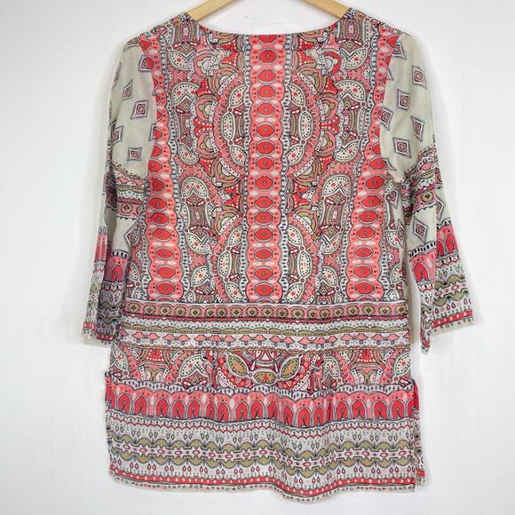 TOMMY BAHAMA Silk Blend Boho Kaftan Tunic 3/4 Sleeve Pink Geometic Hippie Sz S - Picture 6 of 9